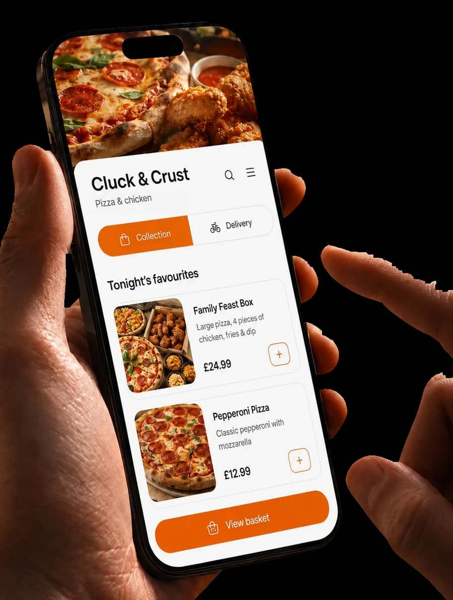 Illustrative Cluck and Crust takeaway menu on a phone held in a customer’s hand